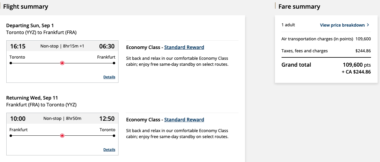 Air Canada Aeroplan Toronto Frankfurt