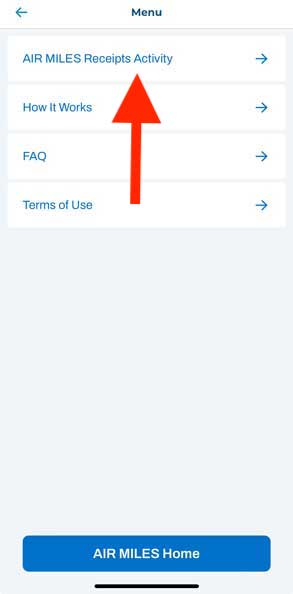 AIR MILES Receipts Activity menu