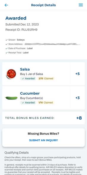 AIR MILES Receipts Receipt Summary