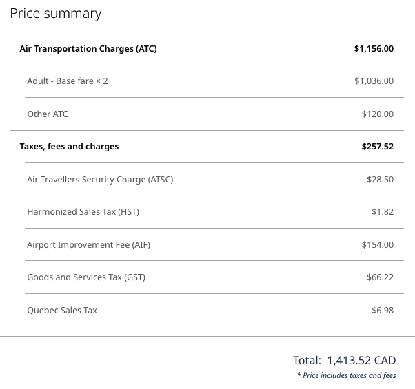 WestJet Edmonton Montreal Fare Breakdown