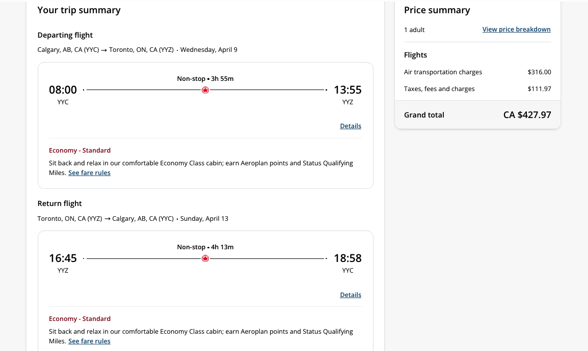 Calgary to Toronto Cash Flight